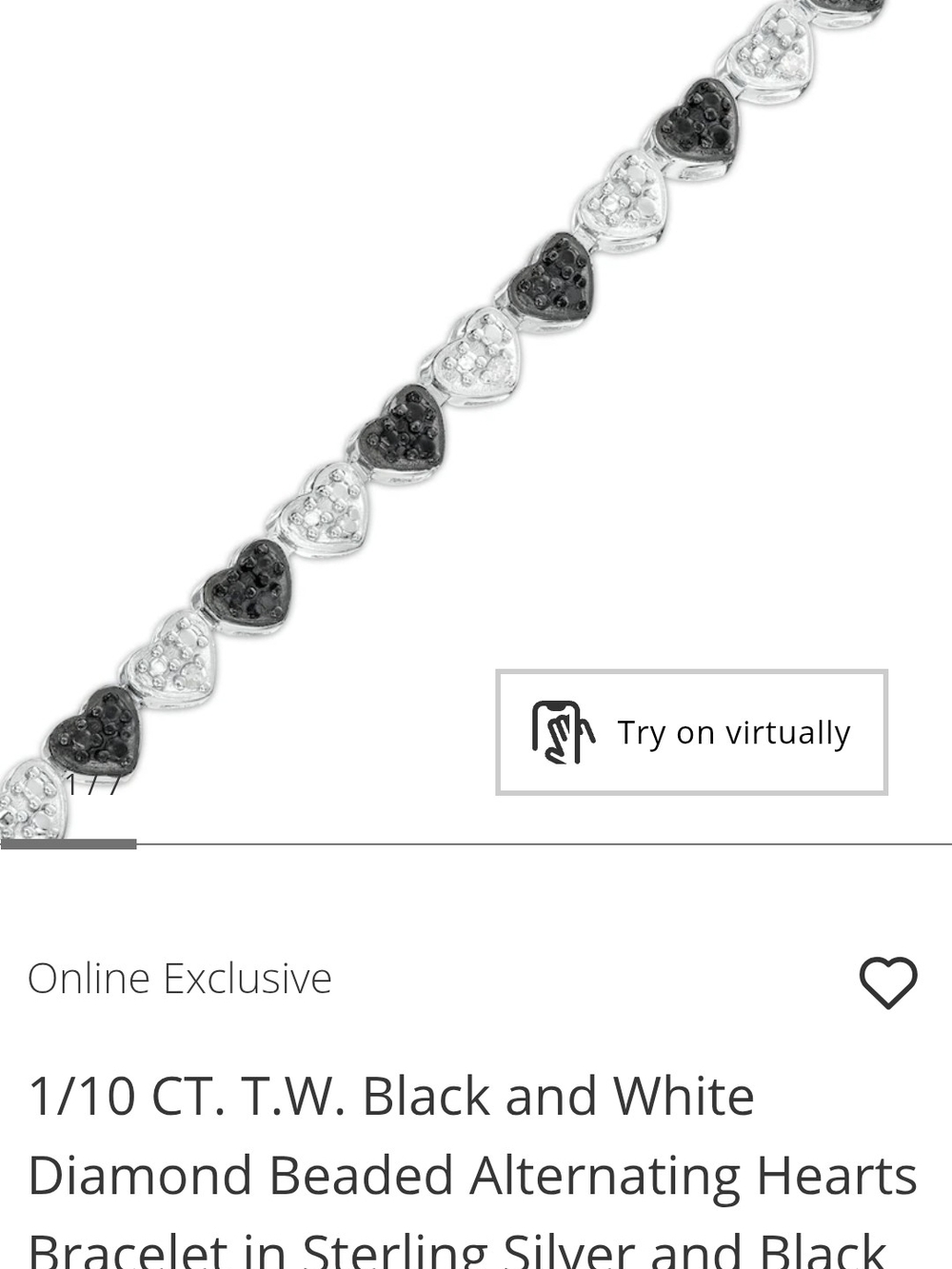 Black and White Heart Diamond Beaded Bracelet in Sterling Silver